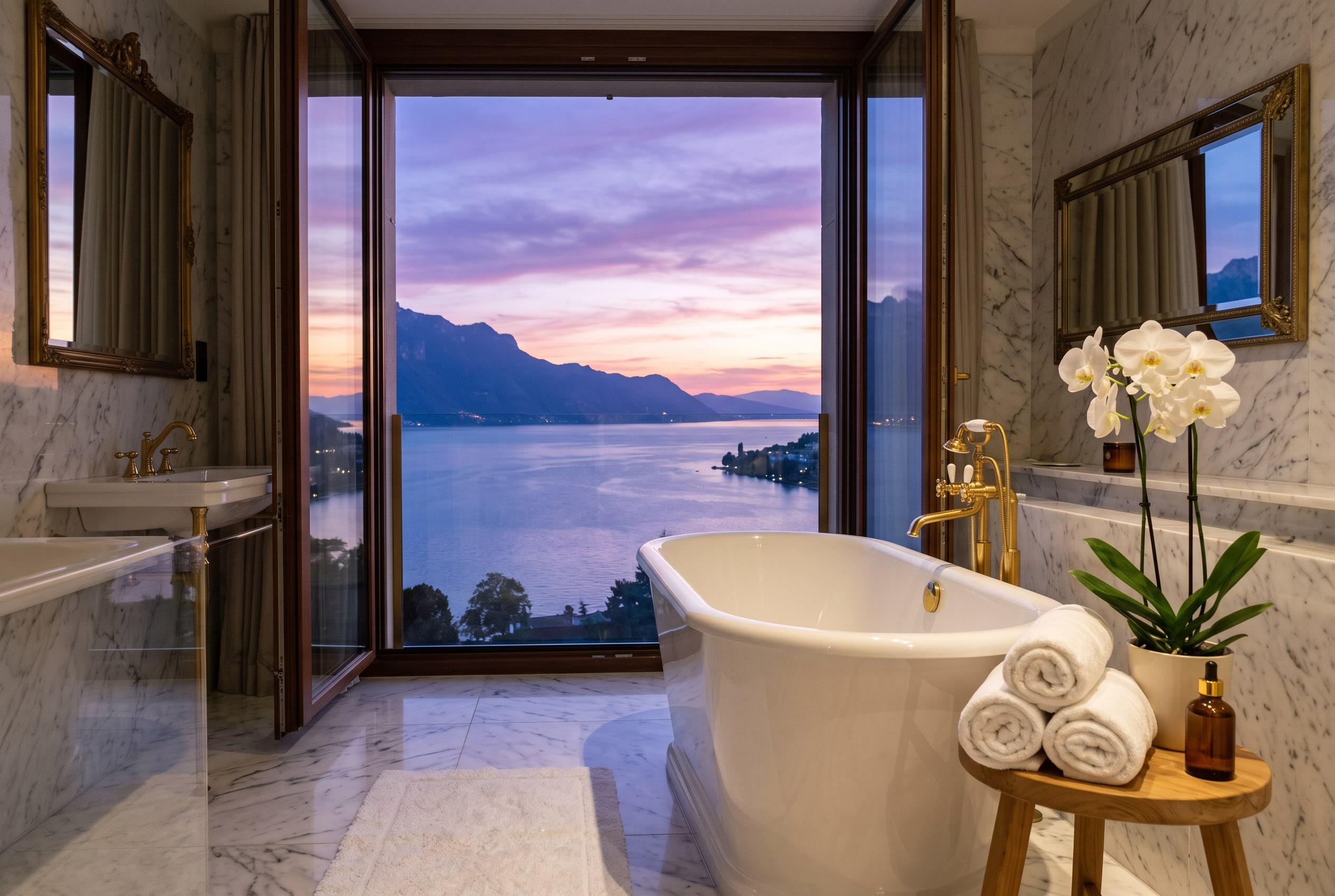 Salle de bain en marbre d'une villa, impeccable, face au lac